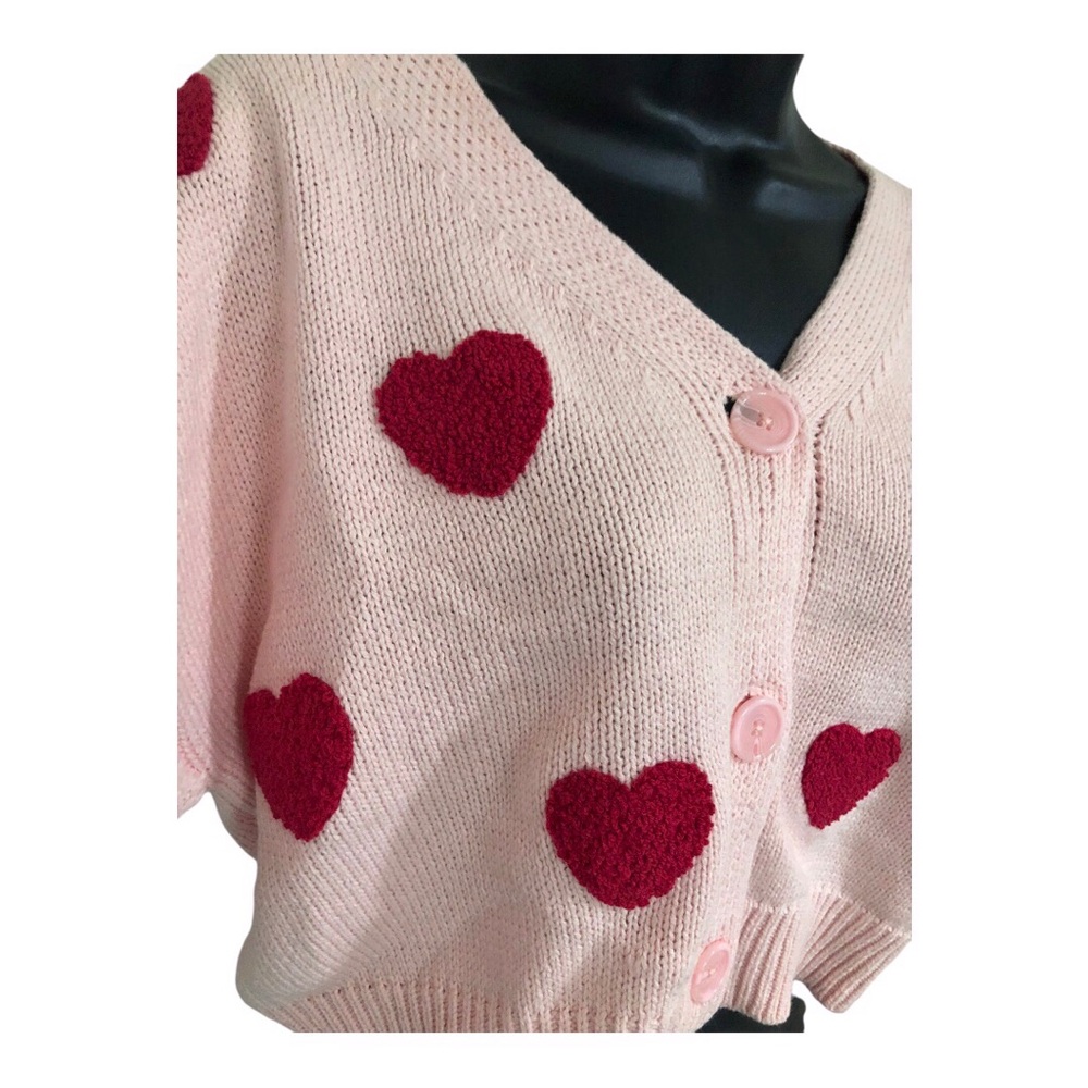 Jessica Simpson tufted embroidered red hearts cropped pink cardigan size XL new‎ - Picture 3 of 12
